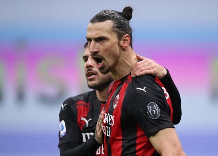 Theo Hernandez and Zlatan Ibrahimovic of AC Milan