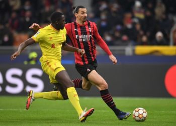 AC Milan's Zlatan Ibrahimovic vs Ibrahima Konate of Liverpool