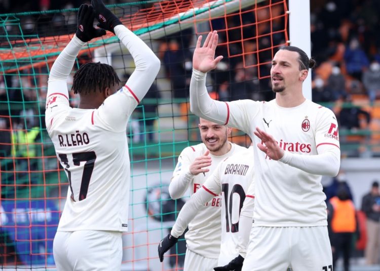 Zlatan Ibrahimovic and Rafael Leao of AC Milan