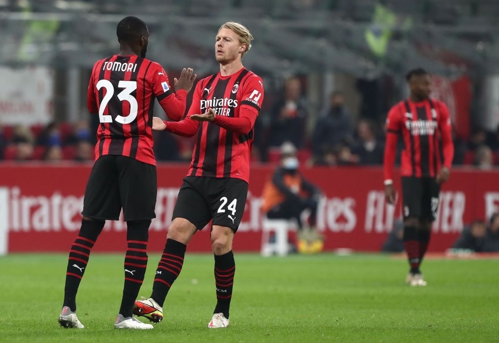 Fikayo Tomori and Simon Kjaer of AC Milan