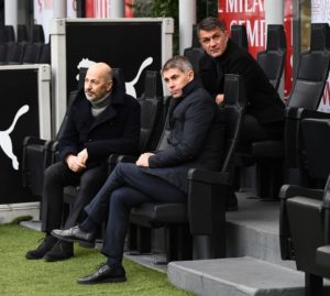 Paolo Maldini, Frederic Massara and Ivan Gazidis of AC Milan