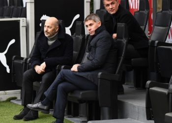 Paolo Maldini, Frederic Massara and Ivan Gazidis of AC Milan