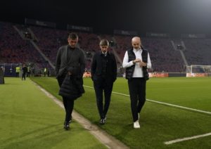 Paolo Maldini, Frederic Massara and Stefano Pioli of AC Milan