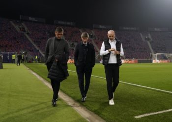 Paolo Maldini, Frederic Massara and Stefano Pioli of AC Milan