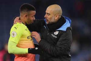 Pep Guardiola and Gabriel Jesus of Manchester City