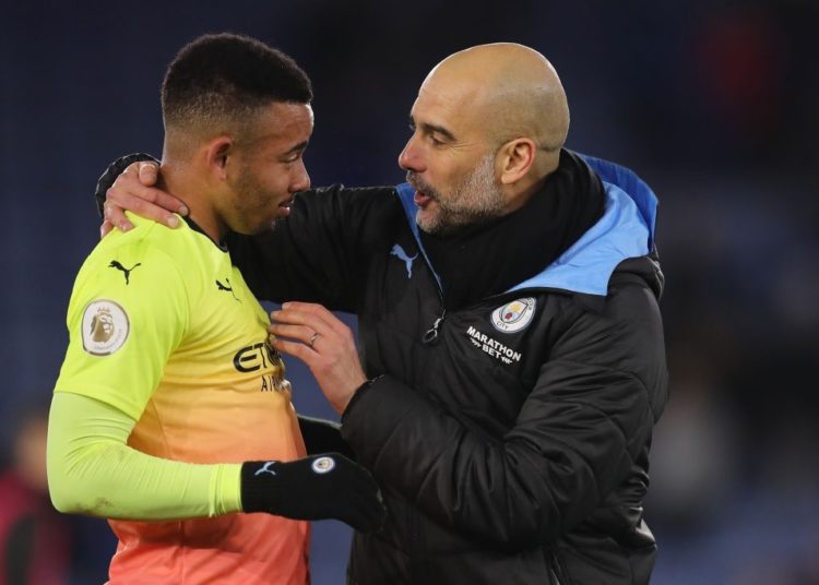 Pep Guardiola and Gabriel Jesus of Manchester City