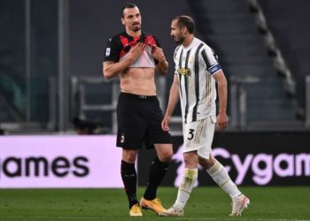 Zlatan Ibrahimovic of AC Milan and Giorgio Chiellini of Juventus
