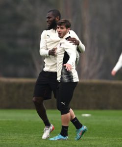Brahim Diaz and Franck Kessie of AC Milan