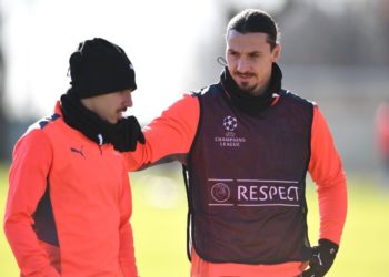 Ismael Bennacer and Zlatan Ibrahimovic of AC Milan