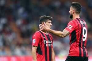 Olivier Giroud and Brahim Diaz of AC Milan