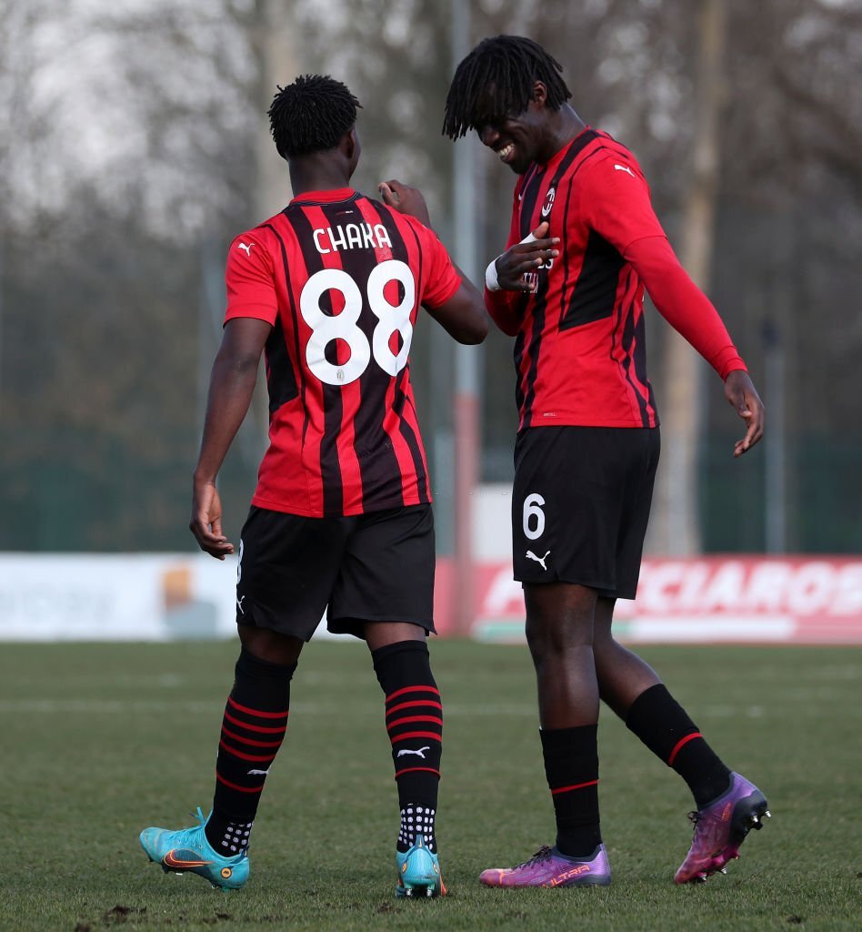 Chaka Traoré and Clinton Nsiala of AC Milan