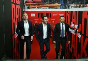 Giorgio Furlani, Geoffrey Moncada and Antonio D'Ottavio attend before the Serie A TIM match between AC Milan and Juventus at Stadio Giuseppe Meazza on October 22, 2023 in Milan, Italy. (Photo by Claudio Villa/AC Milan via Getty Images)