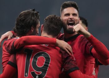 AC Milan players celebrate Olivier Giroud Yacine Adli Theo Hernandez