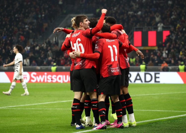 AC Milan players celebrate in Europa League against Rennes at San Siro on February 15, 2024