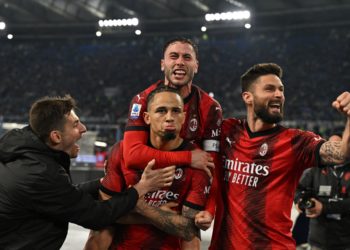 Noah Okafor, Olivier Giroud, Davide Calabria, and Matteo Gabbia celebrate after scoring against Lazio on March 1, 2024.