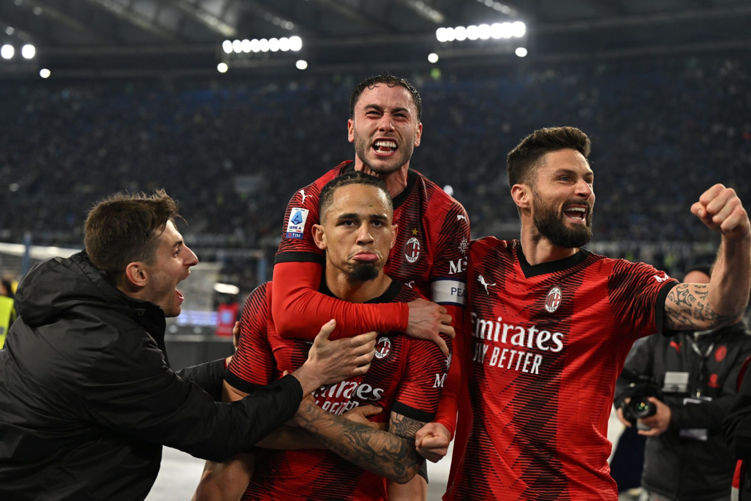Noah Okafor, Olivier Giroud, Davide Calabria, and Matteo Gabbia celebrate after scoring against Lazio on March 1, 2024.