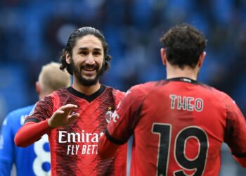 Yacine Adli and Theo Hernandez of AC Milan