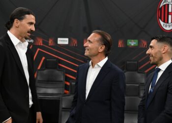 AC Milan's Zlatan Ibrahimovic with Gerry Cardinale and Geoffrey Moncada at San Siro