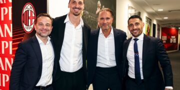 Giorgio Furlani, Zlatan Ibrahimovic, Geoffrey Moncada and Gerry Cardinale (AC Milan via Getty)