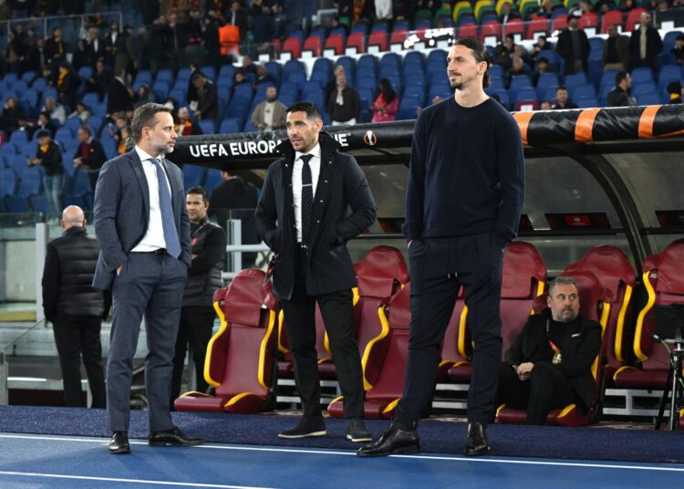Zlatan Ibrahimovic, Geoffrey Moncada and Giorgio Furlani of AC Milan