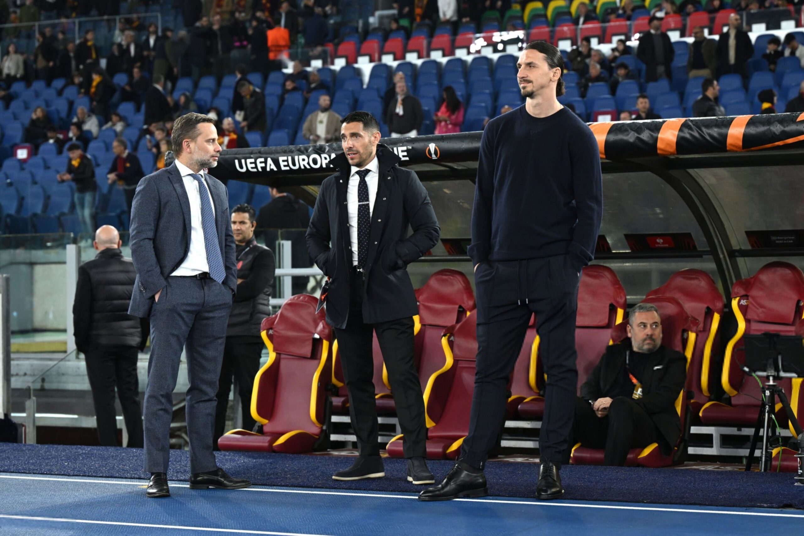 Zlatan Ibrahimovic, Geoffrey Moncada and Giorgio Furlani of AC Milan