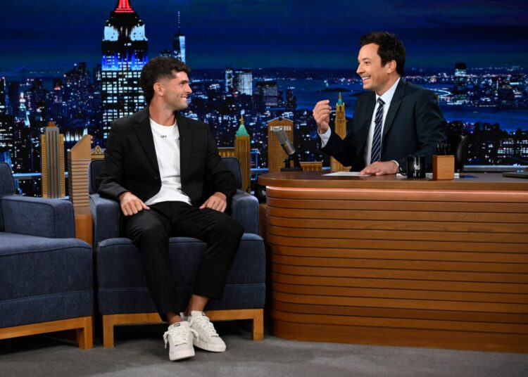 Christian Pulisic during an interview with host Jimmy Fallon on Thursday, July 25, 2024 -- (Photo by: Todd Owyoung/NBC via Getty Images)