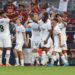 AC Milan players celebrate after scoring a goal against Manchester City at the Yankee stadium on July 27, 2024.
