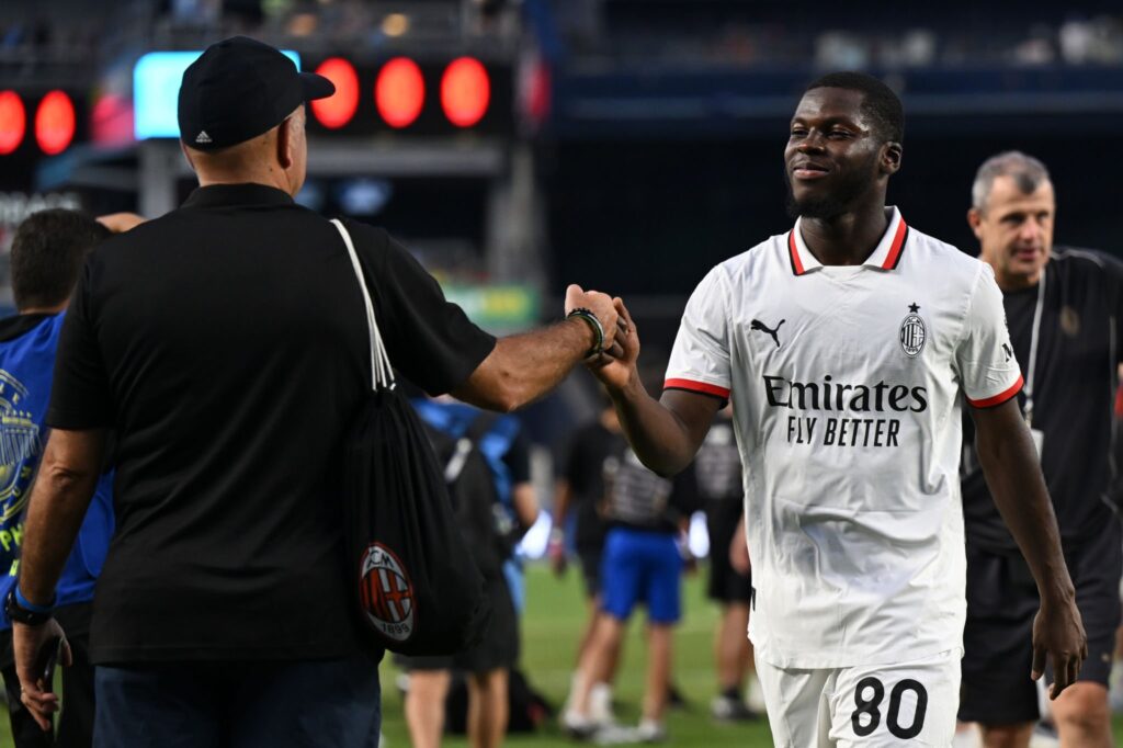 NEW YORK, NEW YORK - JULY 27: Yunus Musah of AC Milan reacts after winning a Pre-Season Friendly match between Manchester City and AC Milan at Yankee Stadium on July 27, 2024 in New York City. (Photo by Drew Hallowell/Getty Images) يونس موسى