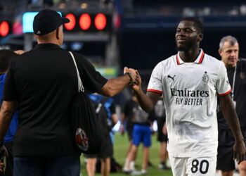 NEW YORK, NEW YORK - JULY 27: Yunus Musah of AC Milan reacts after winning a Pre-Season Friendly match between Manchester City and AC Milan at Yankee Stadium on July 27, 2024 in New York City. (Photo by Drew Hallowell/Getty Images) يونس موسى