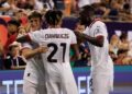 Samuel Chukwueze celebrates with teamma tes Mattia Liberali and Fikayo Tomori after scoring the team's first goal during a Pre-Season Friendly match between AC Milan and Real Madrid at Soldier Field Stadium on July 31, 2024 in Chicago, Illinois. (Photo by Justin Casterline/Getty Images)