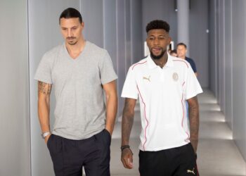 Emerson Royal and Zlatan Ibrahimovic of AC Milan