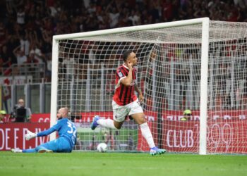 noah okafor celebrates as he scores vs Torino at the San Siro on August 17, 2024 (AC Milan via GEtty Images)