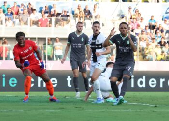 Noah Okafor of AC Milan in reacts during the Serie A match between Parma and Milan at Stadio Ennio Tardini on August 24, 2024 in Parma, Italy. (Photo by Claudio Villa/AC Milan via Getty Images)