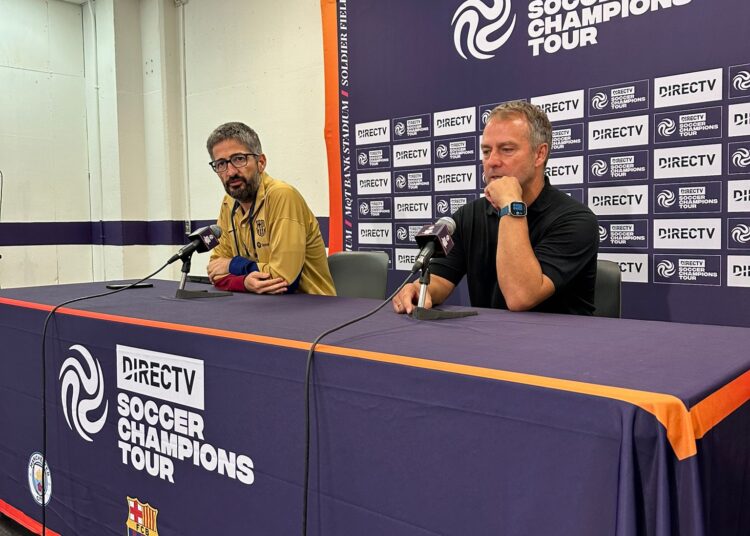 Hansi Flick during a press conference in Baltimore after a friendly match against AC Milan. (Photo credit: Francisco Alonzo for Milanreports.com)