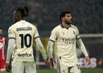Rafael Leao and Theo Hernandez during the Serie A TIM match between AC Monza and AC Milan - Serie A TIM at U-Power Stadium on February 18, 2024 in Monza, Italy. (Photo by Pier Marco Tacca/Getty Images)