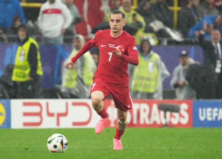 Kerem Aktürkoğlu of Turkiye in actio during the UEFA EURO 2024 group stage match between Turkiye and Georgia at Football Stadium Dortmund on June 18, 2024 in Dortmund, Germany. (Photo by Etsuo Hara/Getty Images)