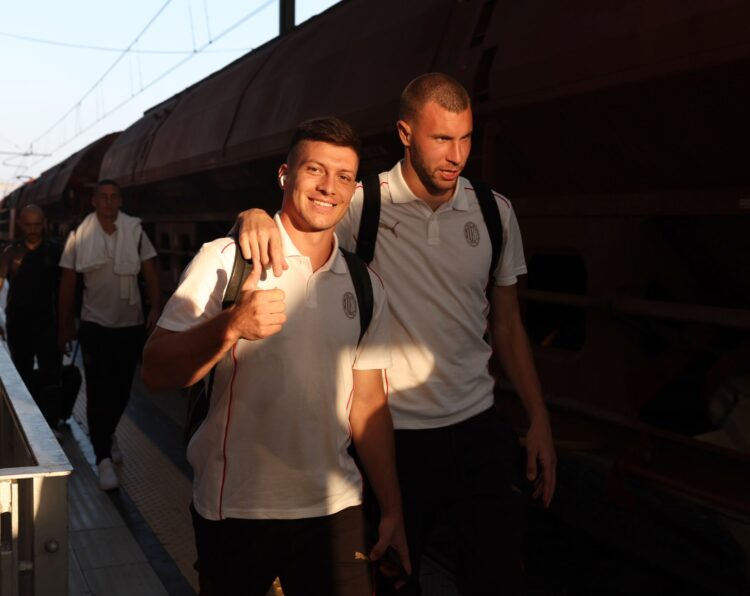 Luka Jovic and Strahinja Pavlovic arrive at Parma station on August 23, 2024 in Parma, Italy. (Photo by Claudio Villa/AC Milan via Getty Images)