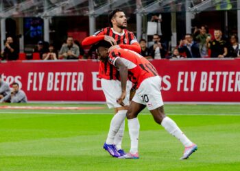 Theo Hernandez and Rafael Leao celebrate after scoring a goal during the Serie A football match between AC Milan and Venezia FC in Milano, Italy, on September 14, 2024, at Stadio Giuseppe Meazza (Photo by Mairo Cinquetti/NurPhoto via Getty Images).