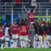 Matteo Gabbia and AC Milan teammates celebrate in the derby (Getty Images) غابيا ميلان