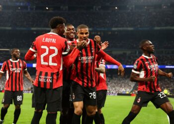 Malick Thiaw AC Milan celebrates after goal vs Real Madrid