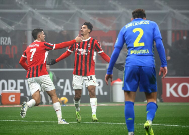 Tijjani Reijnders and Alvaro Morata of AC Milan ميلان رايندرز موراتا