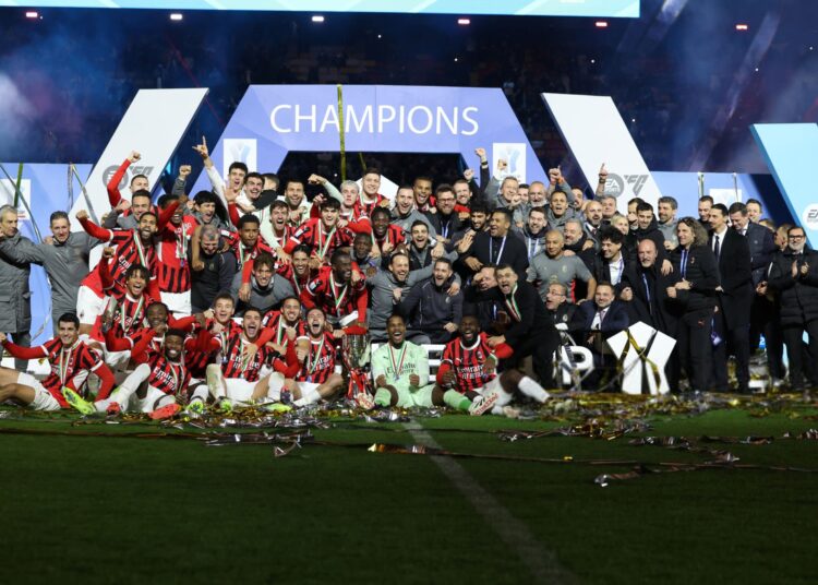 AC Milan players celebrating the Supercoppa Italiana victory vs Inter in Riyadh, Saudi Arabia