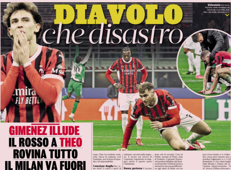 Gazzetta: Gimenez gives hope. Theo’s red ruins everything for Milan vs Feyenoord