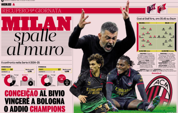 Gazzetta: Milan, win in Bologna or say goodbye to the Champions League