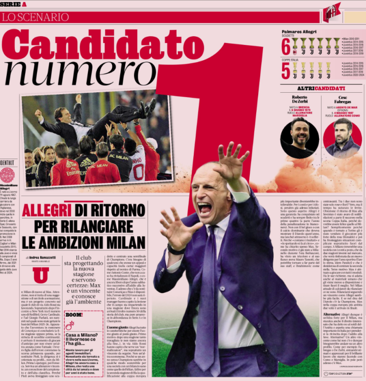 Gazzetta: Allegri is the candidate number 1 for Milan – Max returns to relaunch Milan’s ambitions?