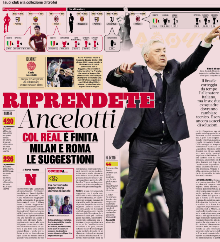 Gazzetta: Ancelotti’s return to Italy? Milan or Roma could be in his future
