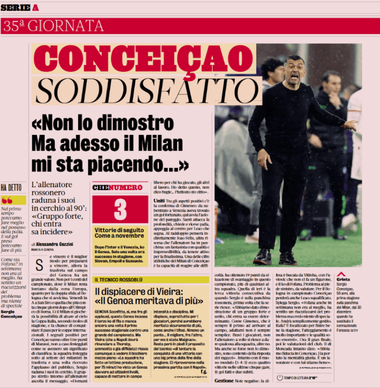 Gazzetta: Conceicao is satisfied after Milan win vs Genoa