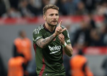 Ciro Immobile of Besiktas celebrates after scoring his team's fourth goal during the Turkish Super League match between Besiktas and Adana Demirspor on May 11, 2025 in Istanbul, Turkey. (Photo by Ahmad Mora/Getty Images)
