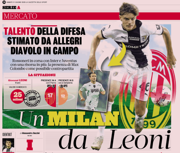Gazzetta: Giovanni Leoni admired by AC Milan coach Allegri