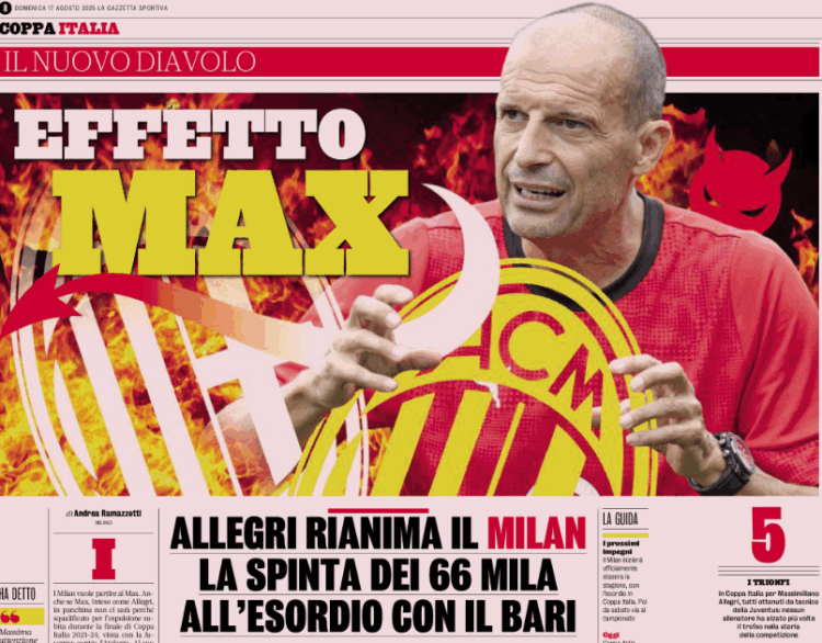 Gazzetta: Allegri revives Milan, and the push from 66.000 at the debut vs Bari